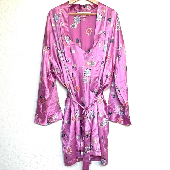 Victoria’s Secret Set Pink Floral Robe & Matching Slip Dress/Nightie Size Large - Picture 1 of 14